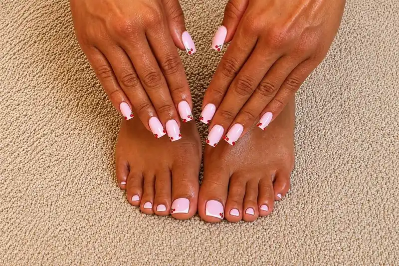 Mains et pieds roses avec French décorée de cerises